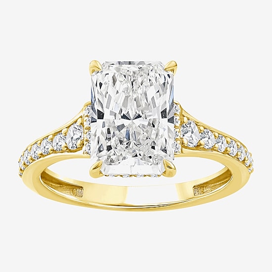 (F / Vs2) Womens 3 1/2 CT. T.W Lab Grown White Diamond 10K Gold Rectangular Side Stone Engagement Ring