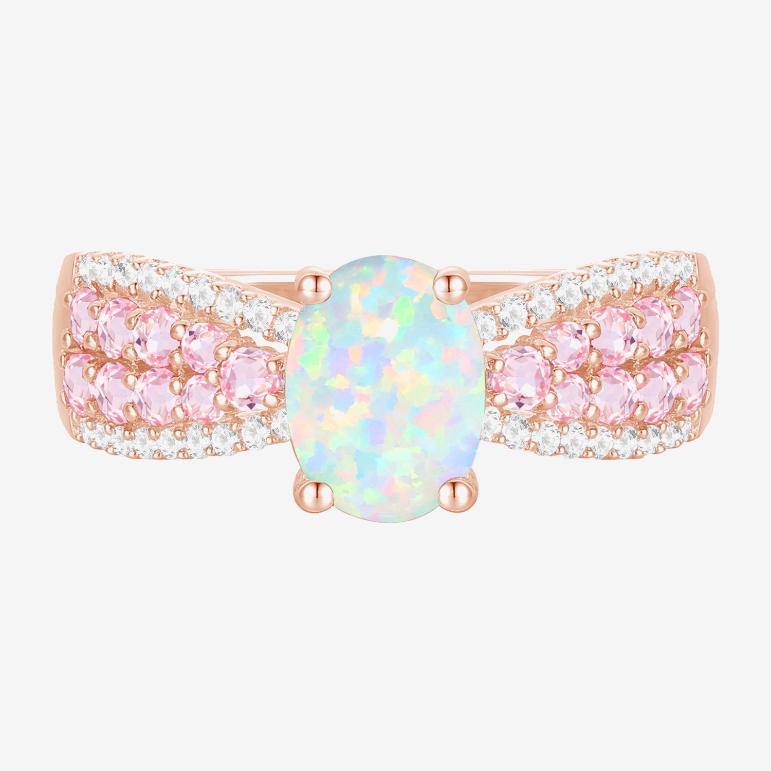 Womens Lab Created White Opal 14K Rose Gold Over Silver Oval Side Stone Cocktail Ring