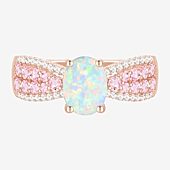 Womens Lab Created White Opal 14K Rose Gold Over Silver Oval Side Stone Cocktail Ring