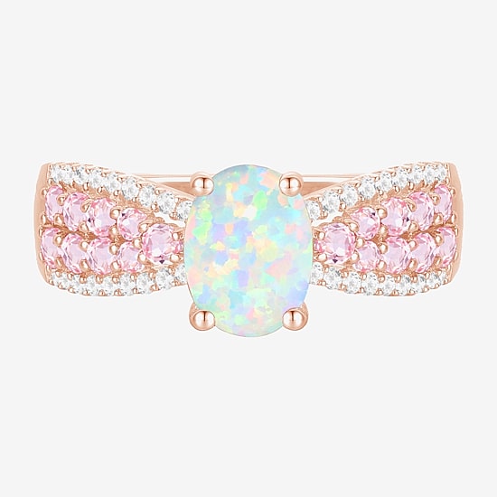 Womens Lab Created White Opal 14K Rose Gold Over Silver Oval Side Stone Cocktail Ring
