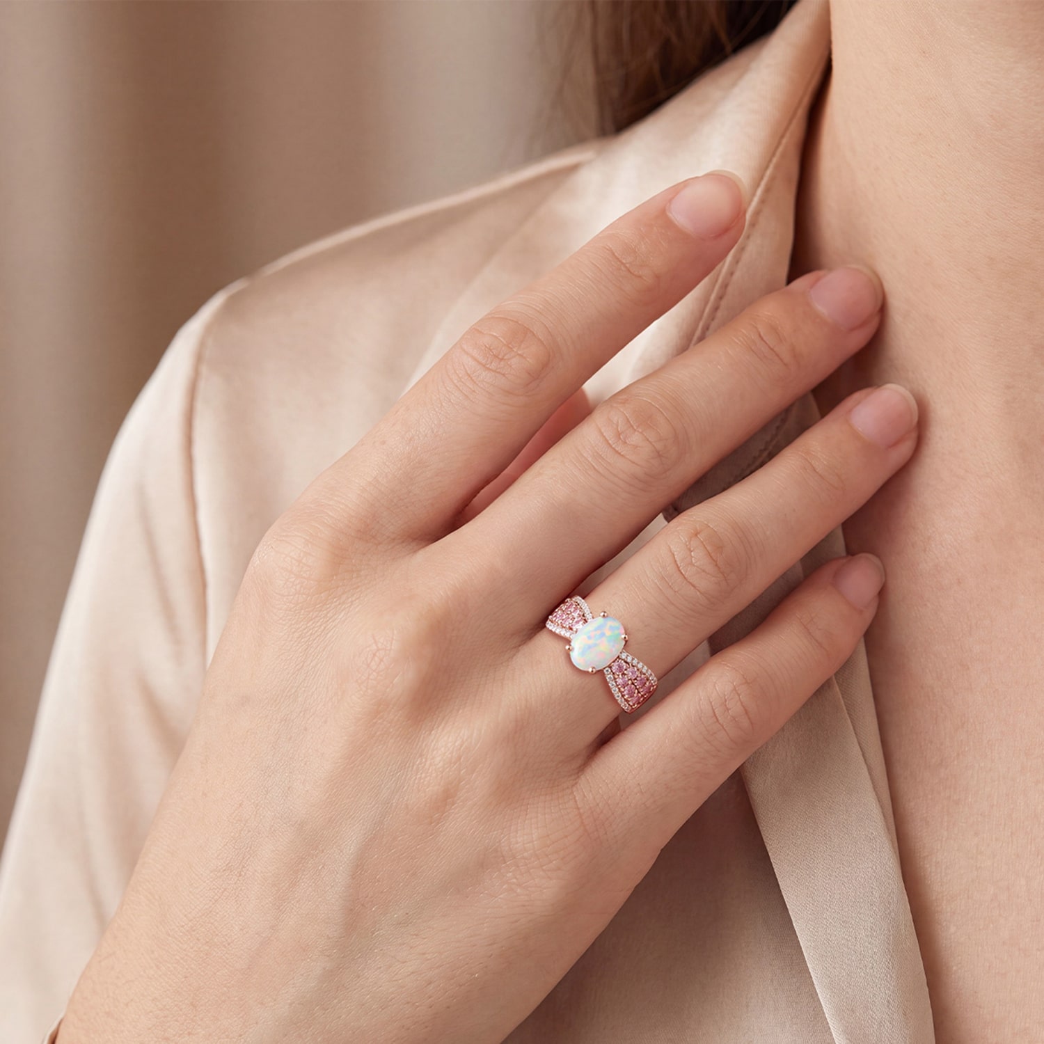 Womens Lab Created White Opal 14K Rose Gold Over Silver Oval Side Stone Cocktail Ring
