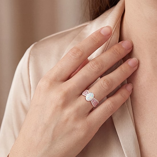 Womens Lab Created White Opal 14K Rose Gold Over Silver Oval Side Stone Cocktail Ring
