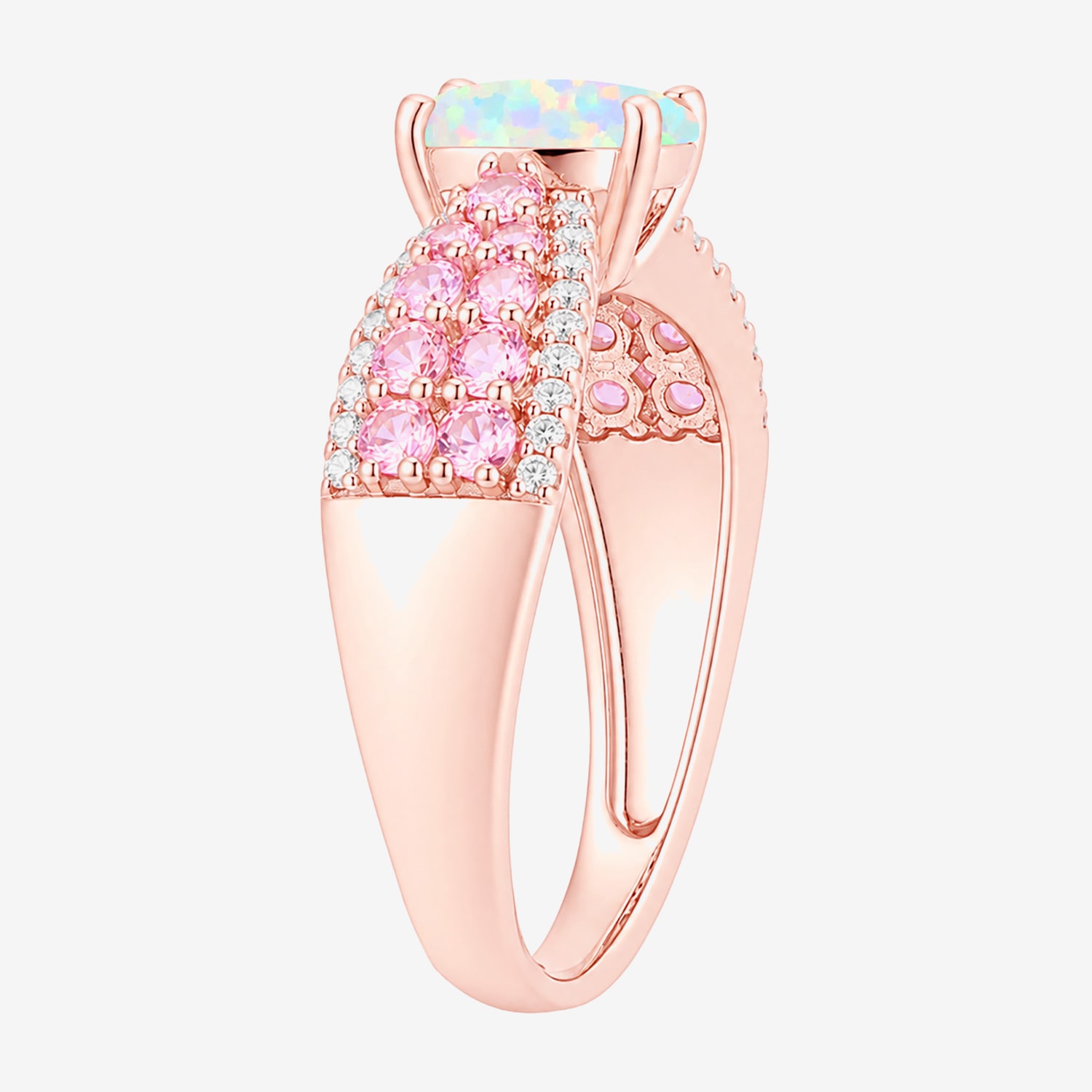 Womens Lab Created White Opal 14K Rose Gold Over Silver Oval Side Stone Cocktail Ring