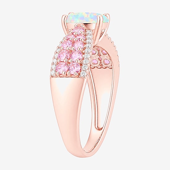 Womens Lab Created White Opal 14K Rose Gold Over Silver Oval Side Stone Cocktail Ring