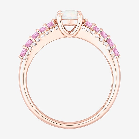Womens Lab Created White Opal 14K Rose Gold Over Silver Oval Side Stone Cocktail Ring