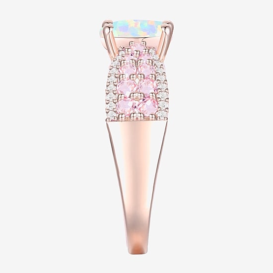 Womens Lab Created White Opal 14K Rose Gold Over Silver Oval Side Stone Cocktail Ring