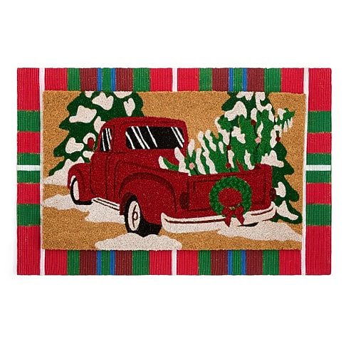 North Pole Trading Co . Truck Set Indoor Outdoor Rectangular Doormat In Red