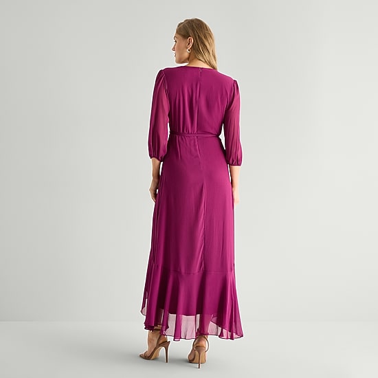 Melonie T Womens V Neck 3/4 Sleeve Balloon Chiffon Maxi Dress