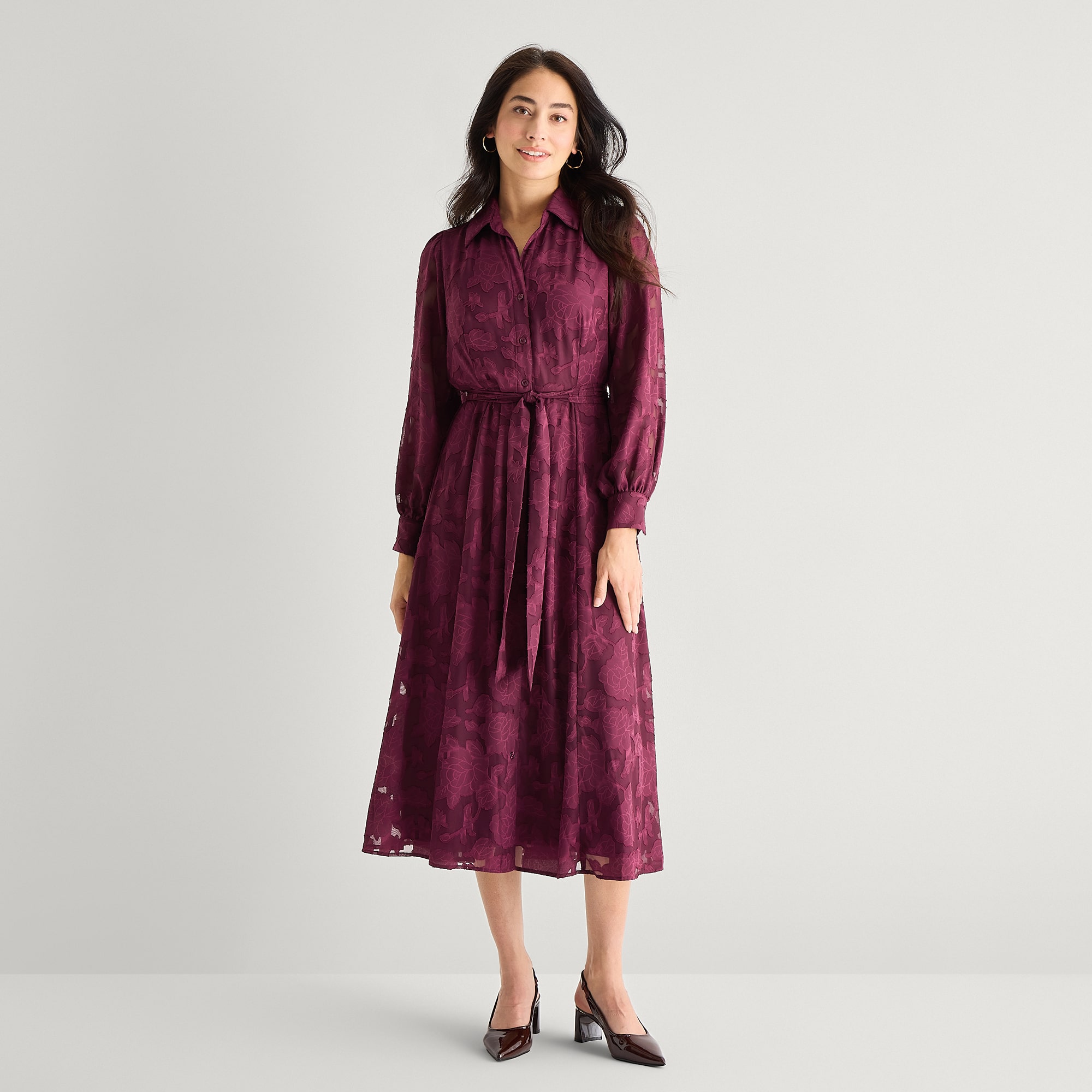 Studio 1 Womens Lace Long Sleeve Midi Floral Shirt Dress