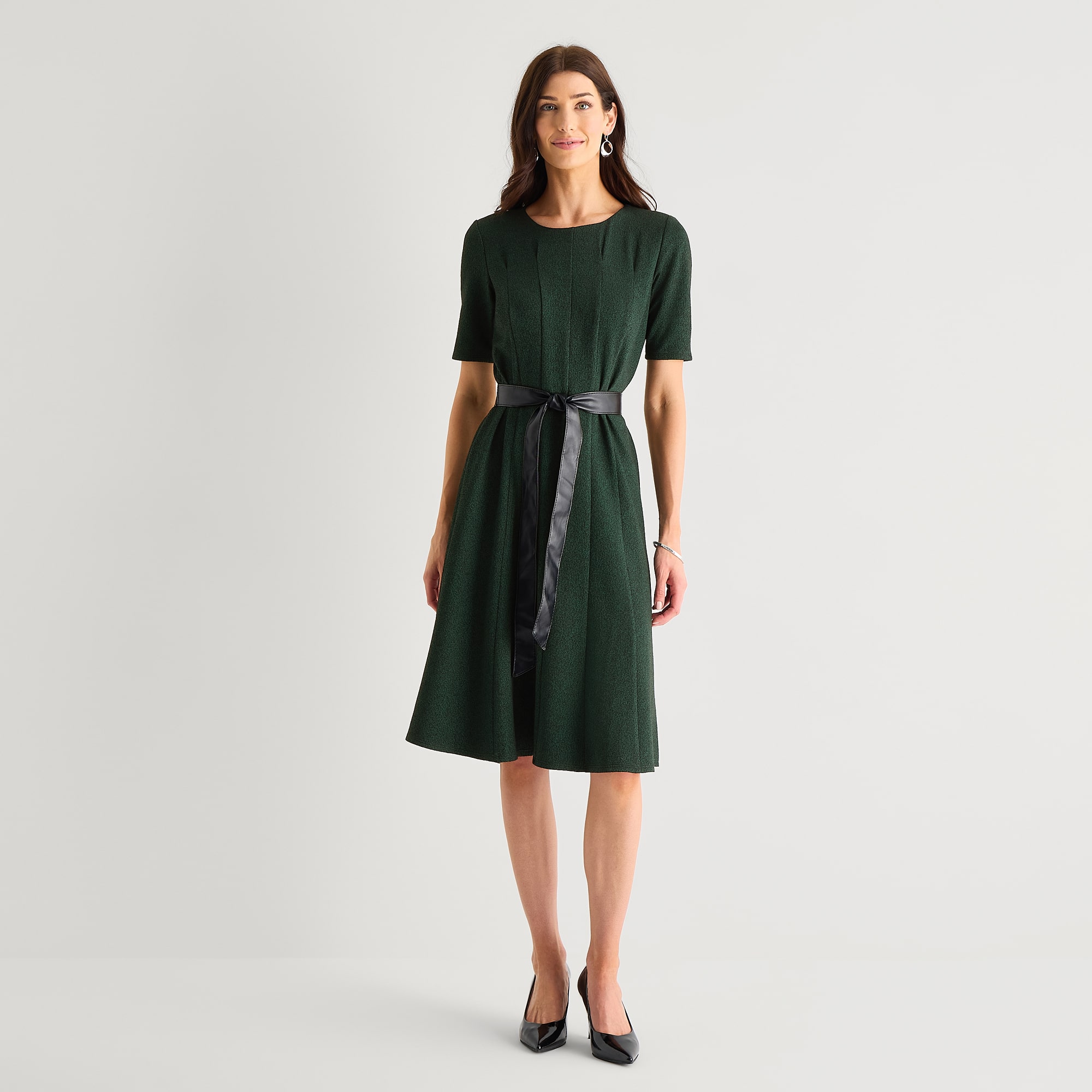 Perceptions Womens Round Neck Short Sleeve Fit + Flare Dress