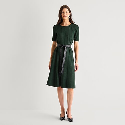 Perceptions Womens Round Neck Short Sleeve Fit + Flare Dress In Green