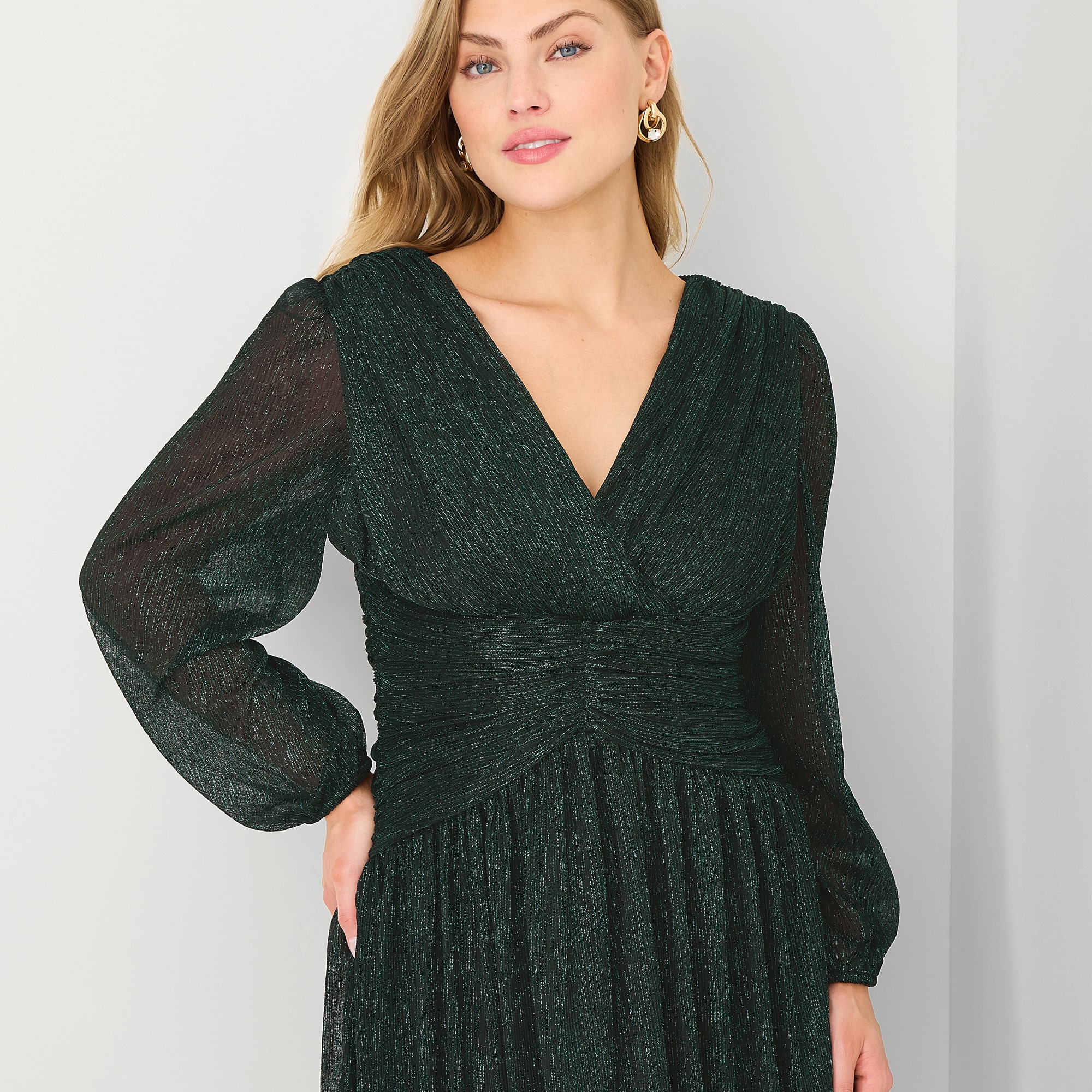 Melonie T Womens V Neck Long Sleeve Balloon Fit + Flare Dress