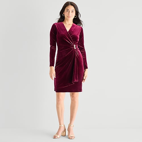 Marc New York Womens V Neck Long Sleeve Velvet Sheath Dress In Red