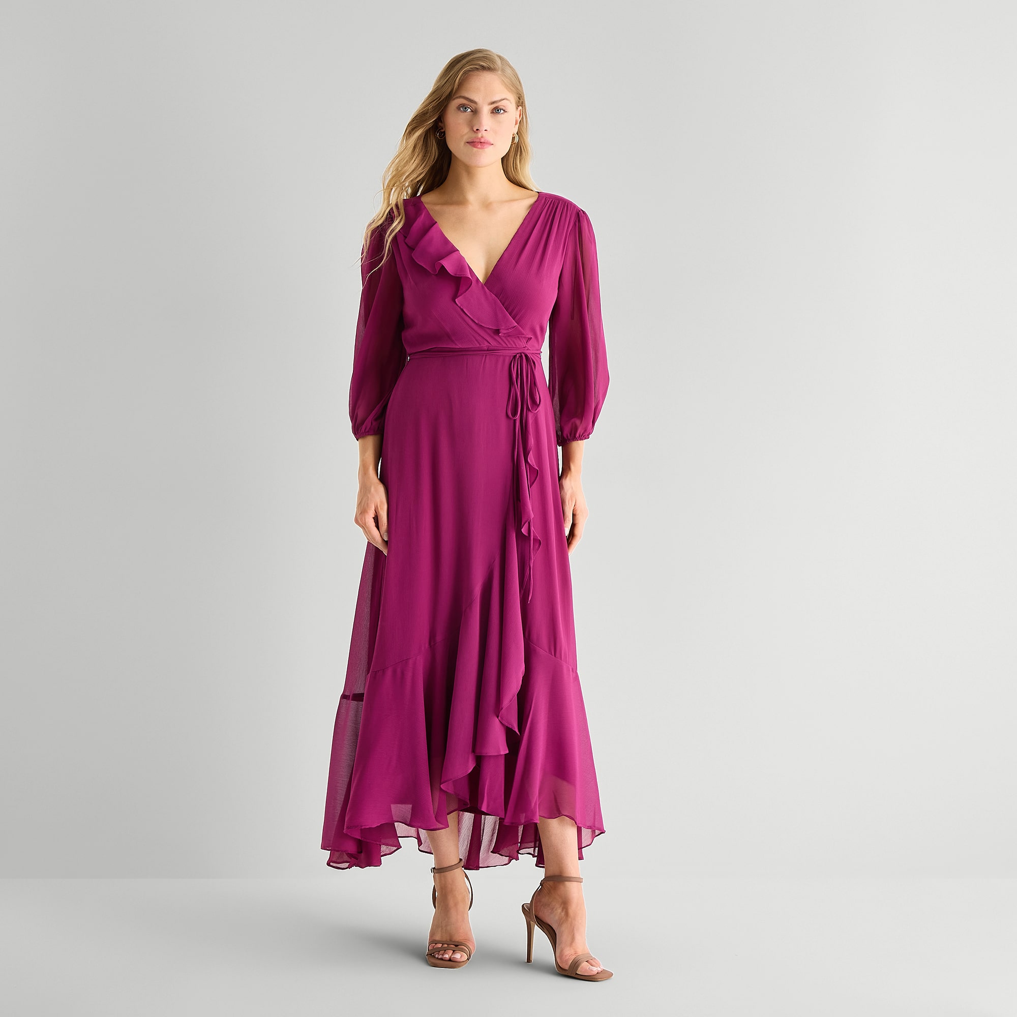 Melonie T Womens V Neck 3/4 Sleeve Balloon Chiffon Maxi Dress