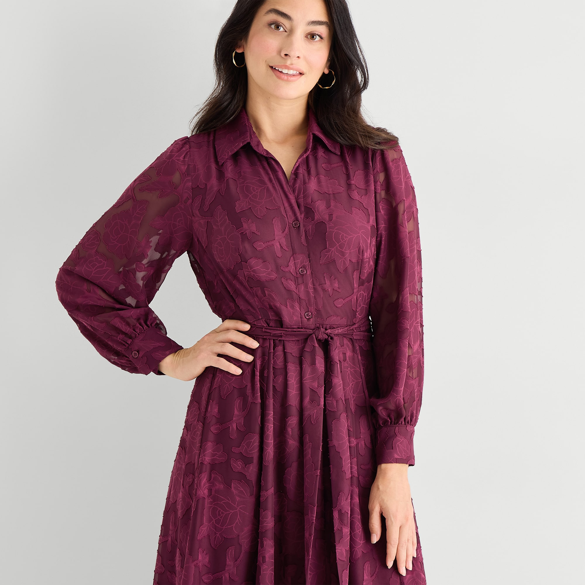 Studio 1 Womens Lace Long Sleeve Midi Floral Shirt Dress