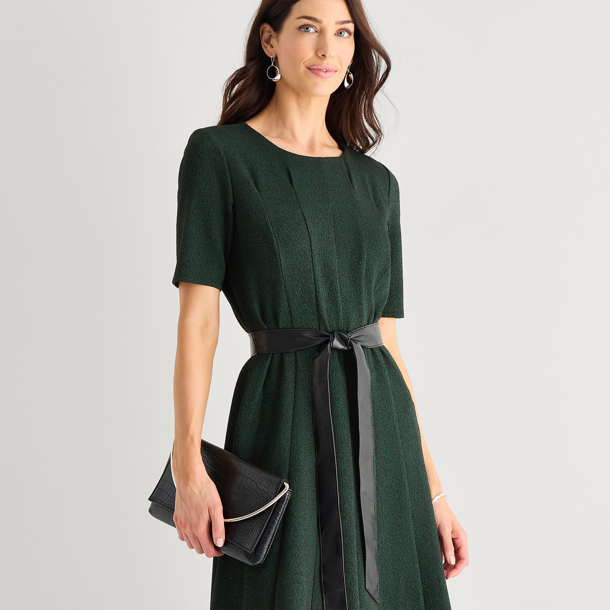 Perceptions Womens Round Neck Short Sleeve Fit + Flare Dress