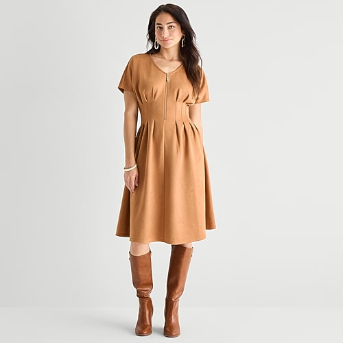 Perceptions Womens V Neck Short Sleeve Drop Shoulder Fit + Flare Dress In Brown