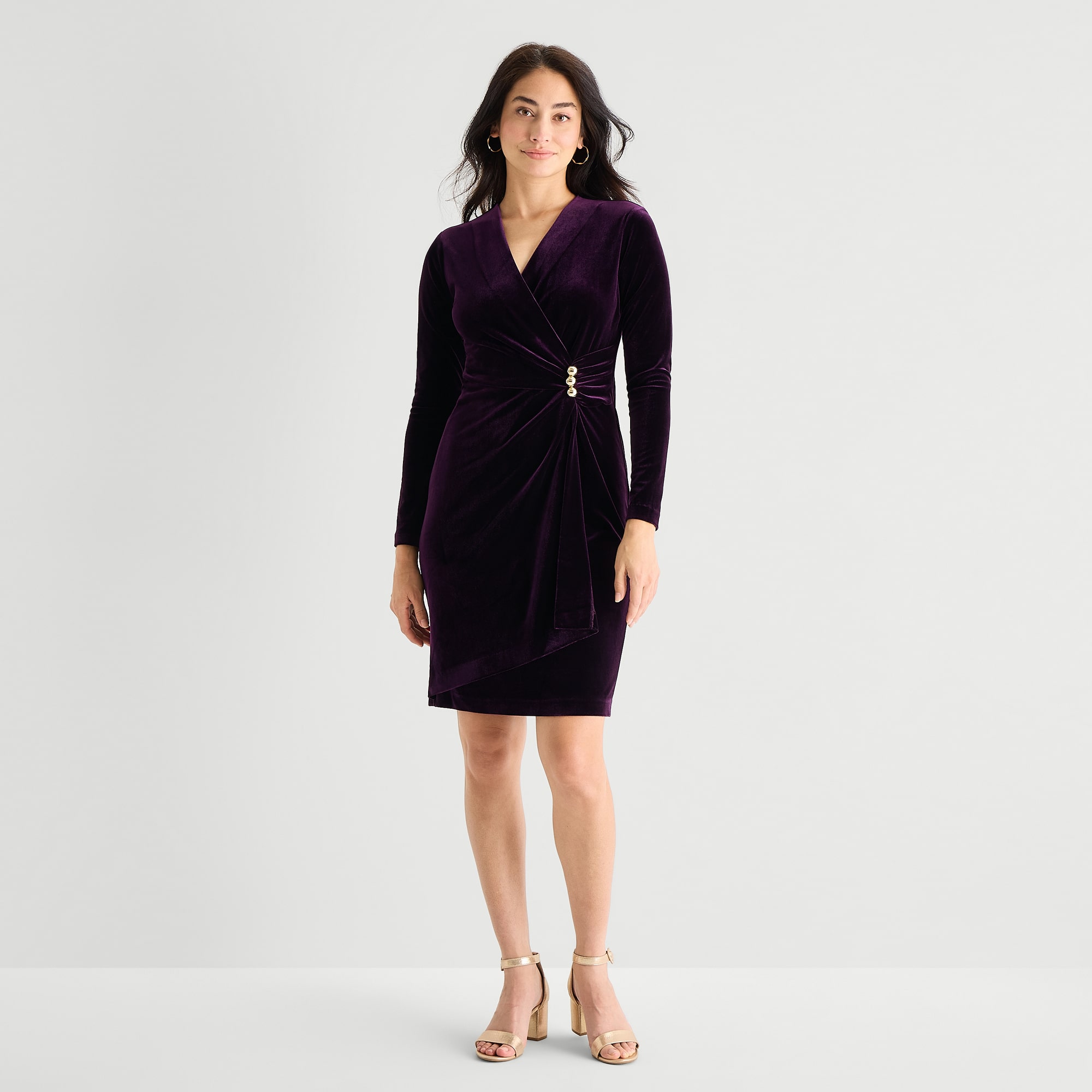 Marc New York Womens V Neck Long Sleeve Velvet Sheath Dress