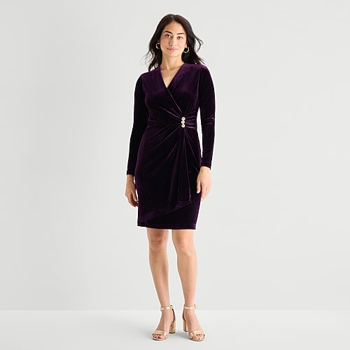 Marc New York Womens V Neck Long Sleeve Velvet Sheath Dress In Purple
