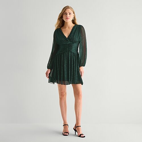 Melonie T Womens V Neck Long Sleeve Balloon Fit + Flare Dress In Green