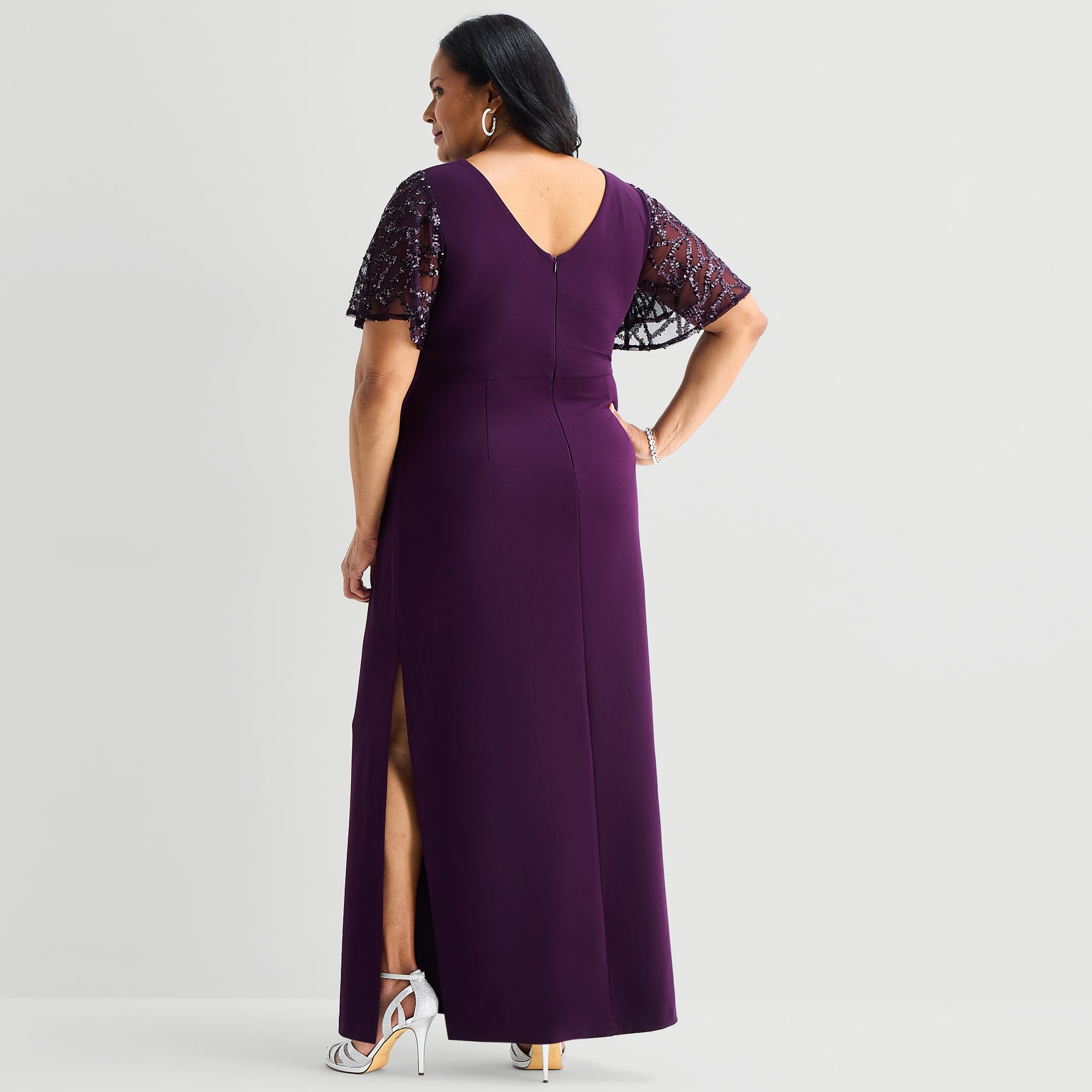 Maya Brooke Womens Plus Round Neck Short Sleeve Fitted Evening Gown