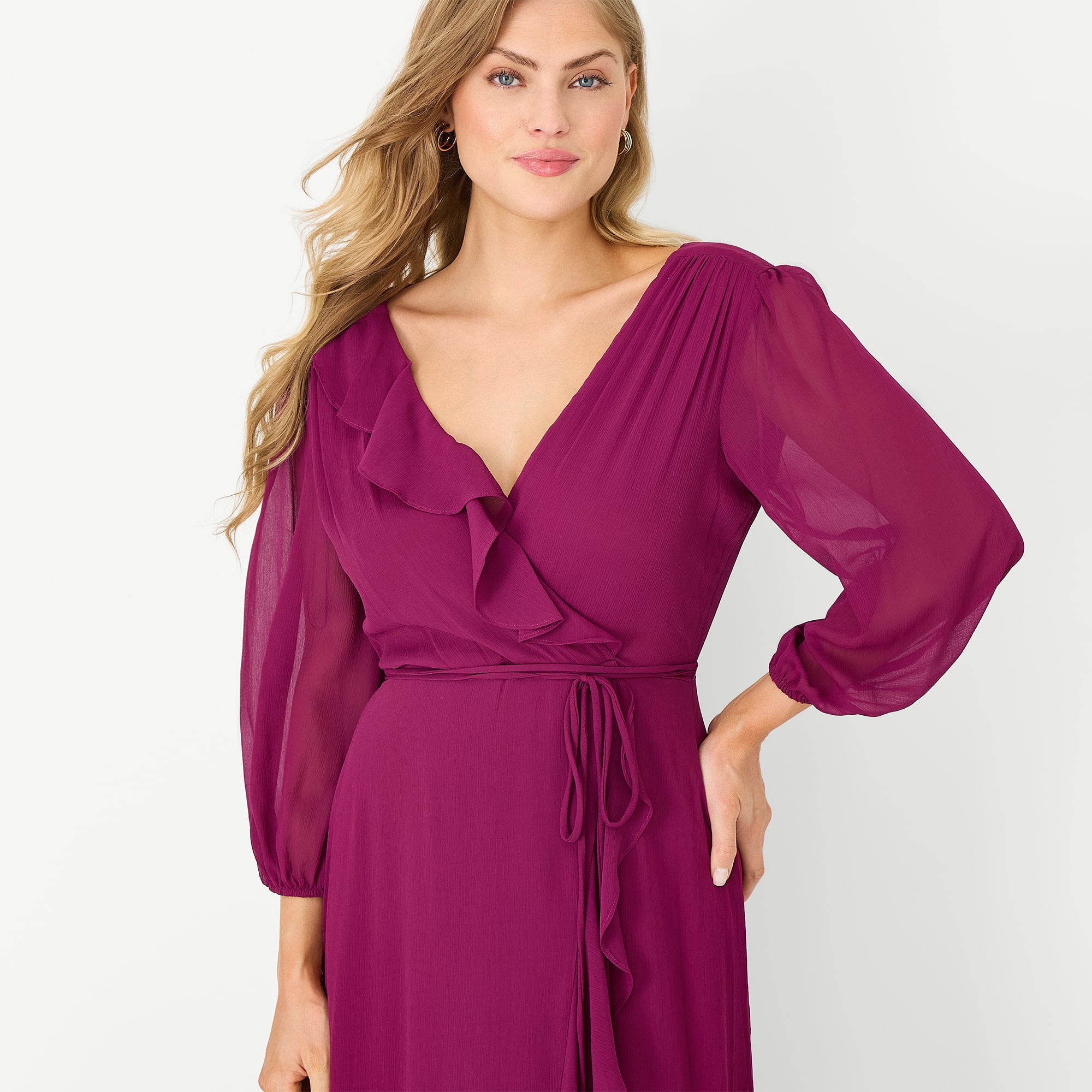 Melonie T Womens V Neck 3/4 Sleeve Balloon Chiffon Maxi Dress
