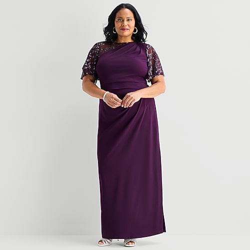 Maya Brooke Womens Plus Round Neck Short Sleeve Fitted Evening Gown In Purple