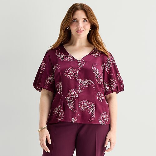 Liz Claiborne Womens Plus V Neck Short Sleeve Blouse In Purple