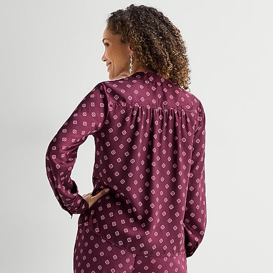 Liz Claiborne Womens Split Crew Neck Cuffed Long Sleeve Regular Fit Button-Down Shirt