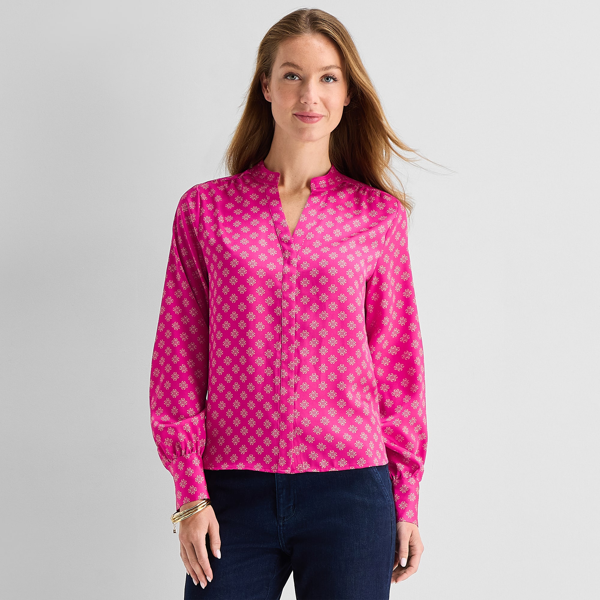 Liz Claiborne Womens Split Crew Neck Cuffed Long Sleeve Regular Fit Button-Down Shirt