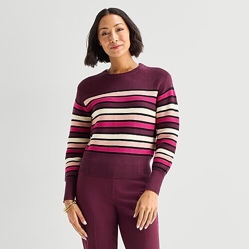 Liz Claiborne Womens Crew Neck Long Sleeve Striped Pullover Sweater In Purple