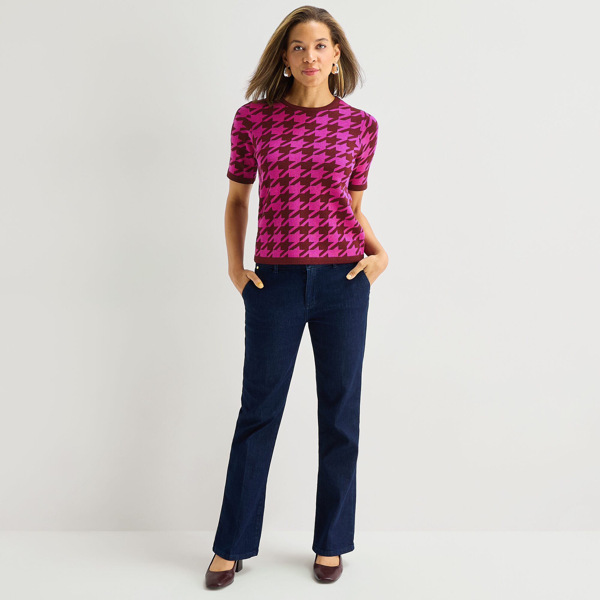 Liz Claiborne Womens Crew Neck Short Sleeve Argyle Pullover Sweater