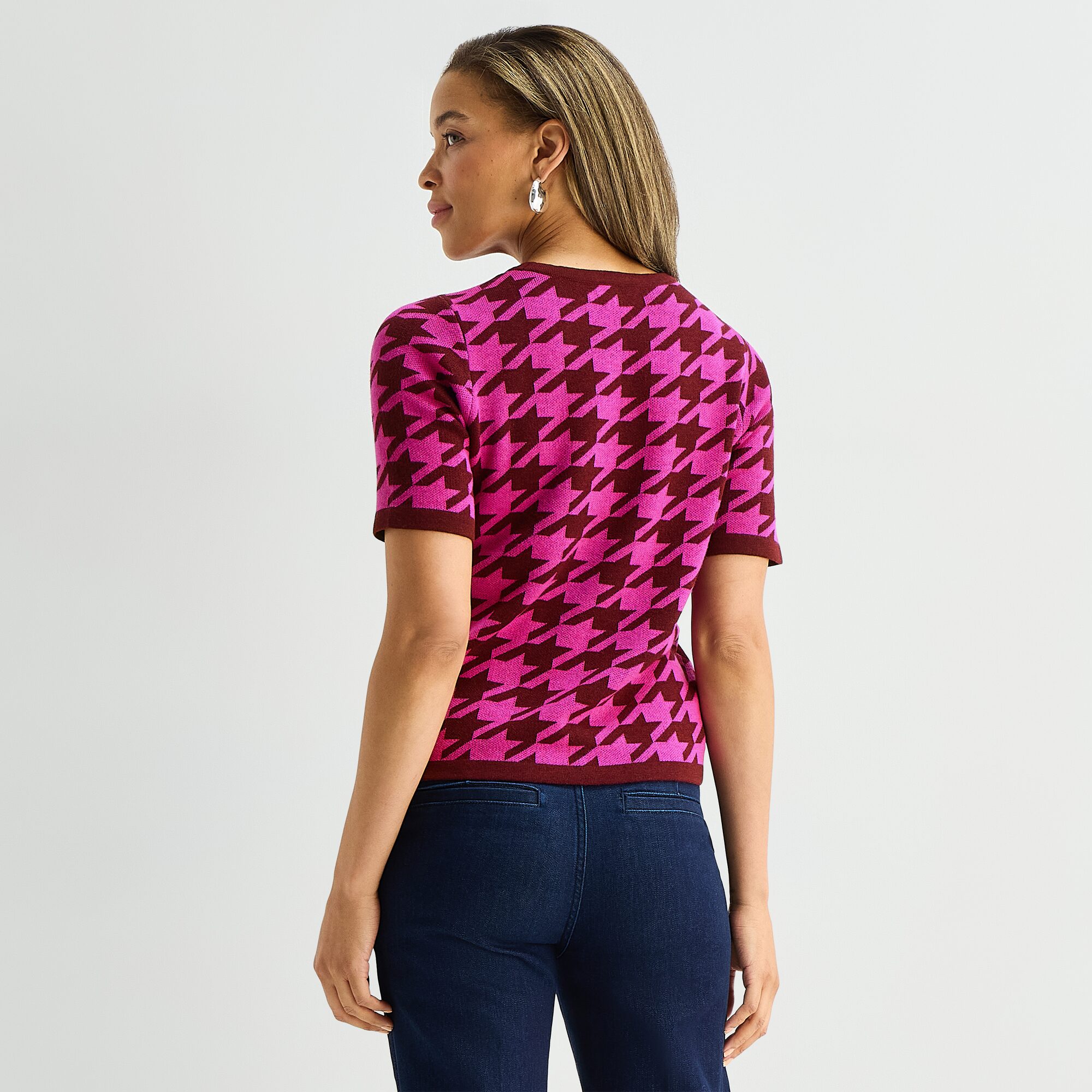 Liz Claiborne Womens Crew Neck Short Sleeve Argyle Pullover Sweater