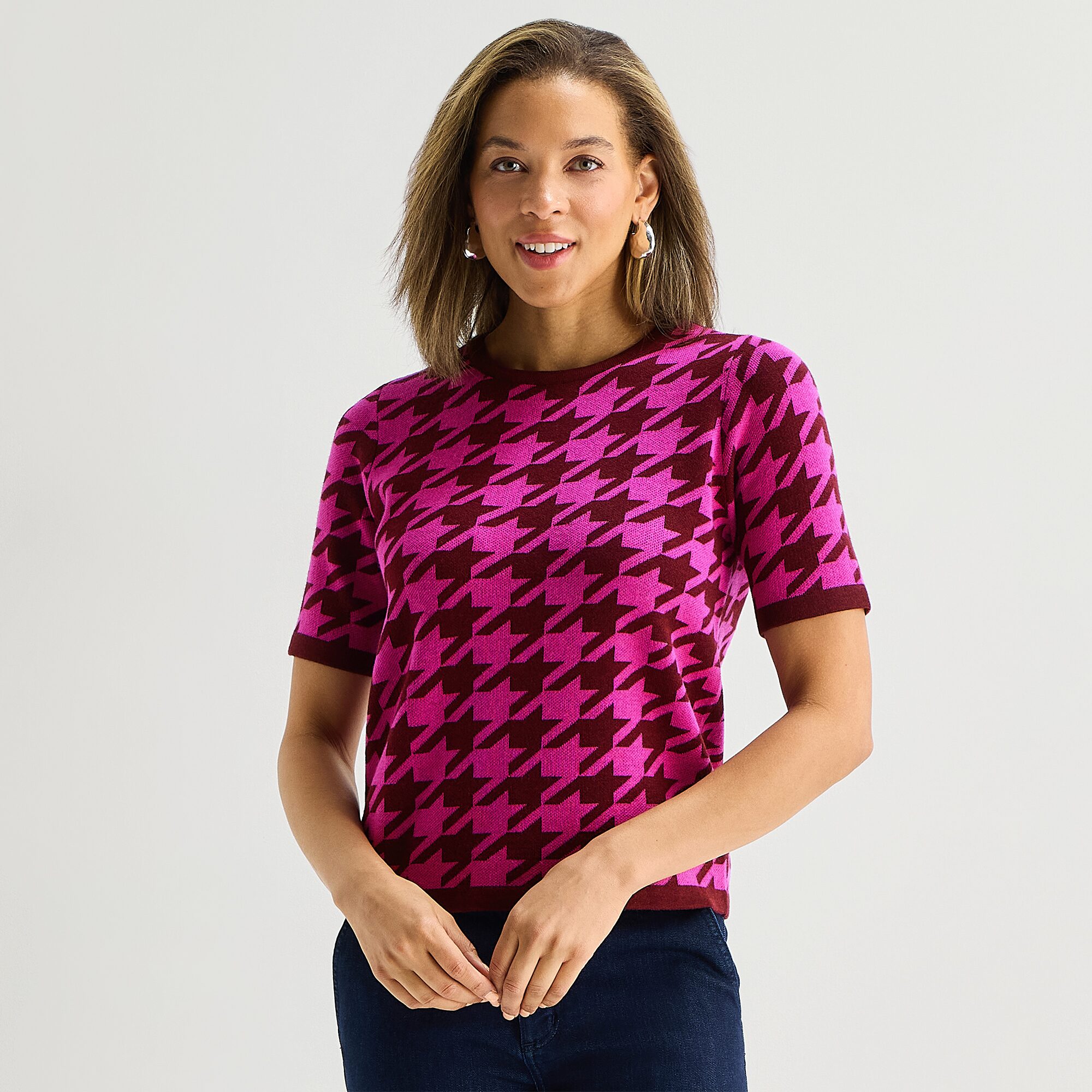 Liz Claiborne Womens Crew Neck Short Sleeve Argyle Pullover Sweater