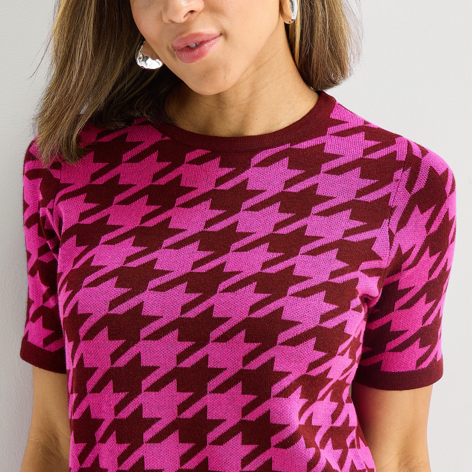 Liz Claiborne Womens Crew Neck Short Sleeve Argyle Pullover Sweater