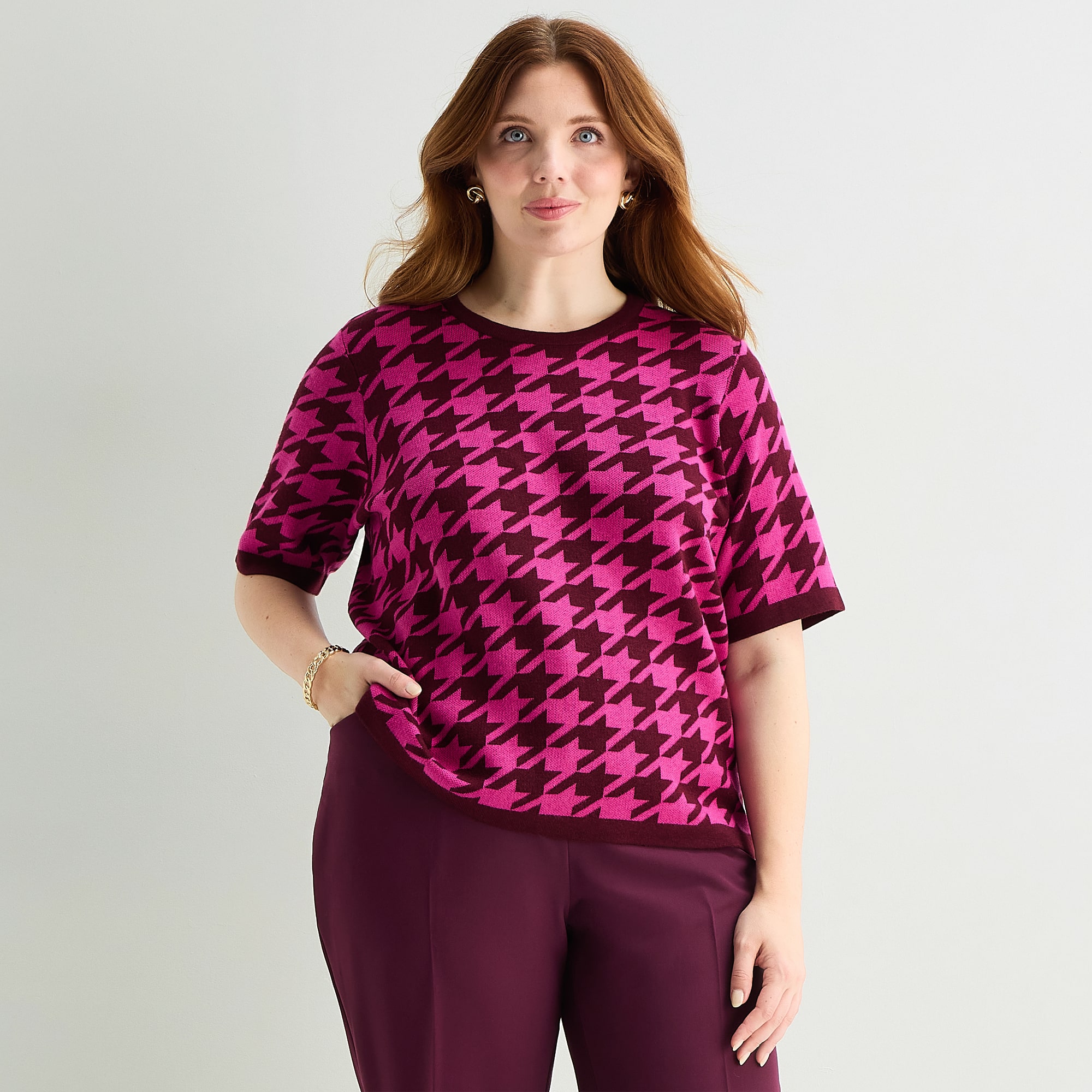 Liz Claiborne Plus Womens Crew Neck Short Sleeve Animal Pullover Sweater