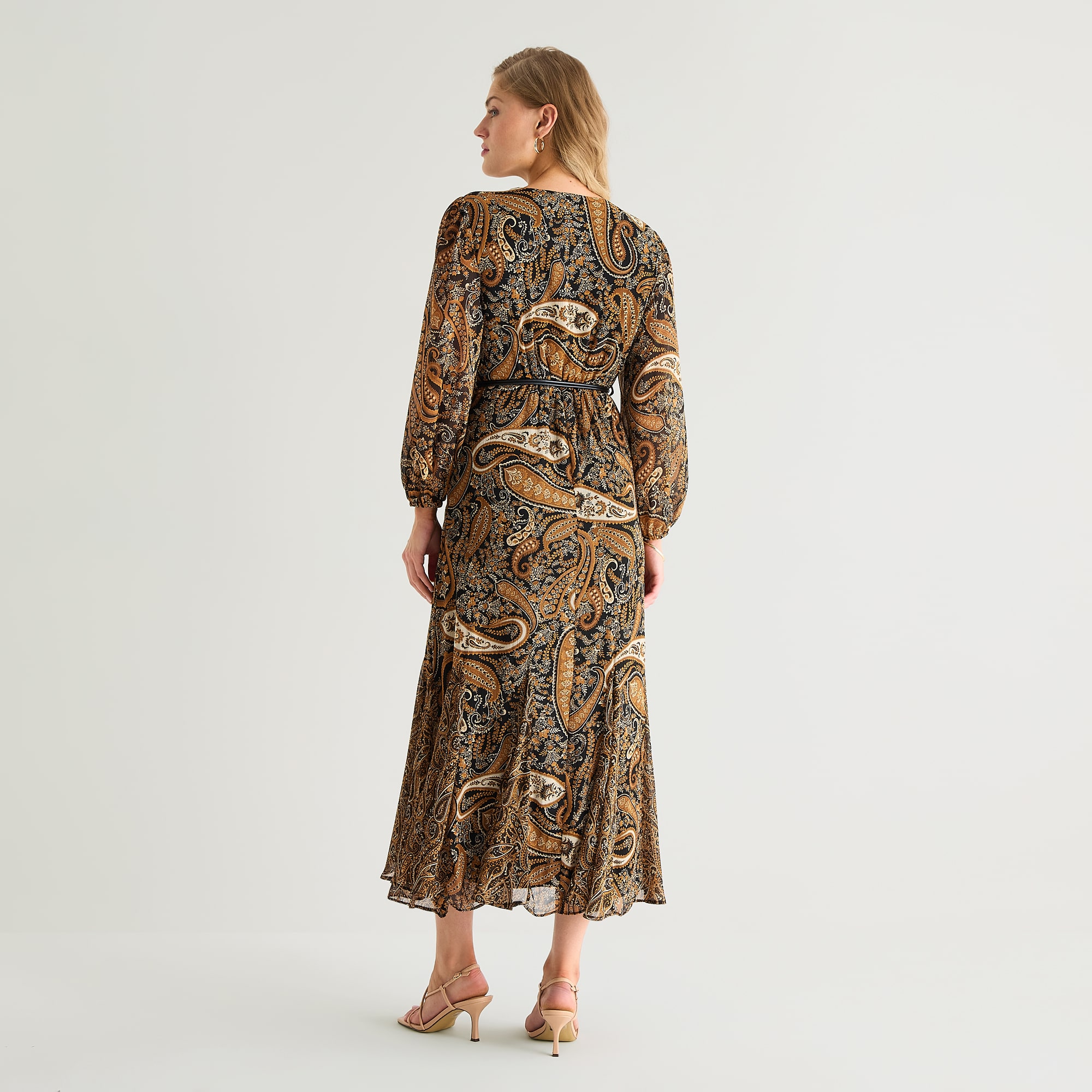 Sam And Jess Womens Midi V Neck 3/4 Sleeve Balloon Paisley Fit + Flare Dress