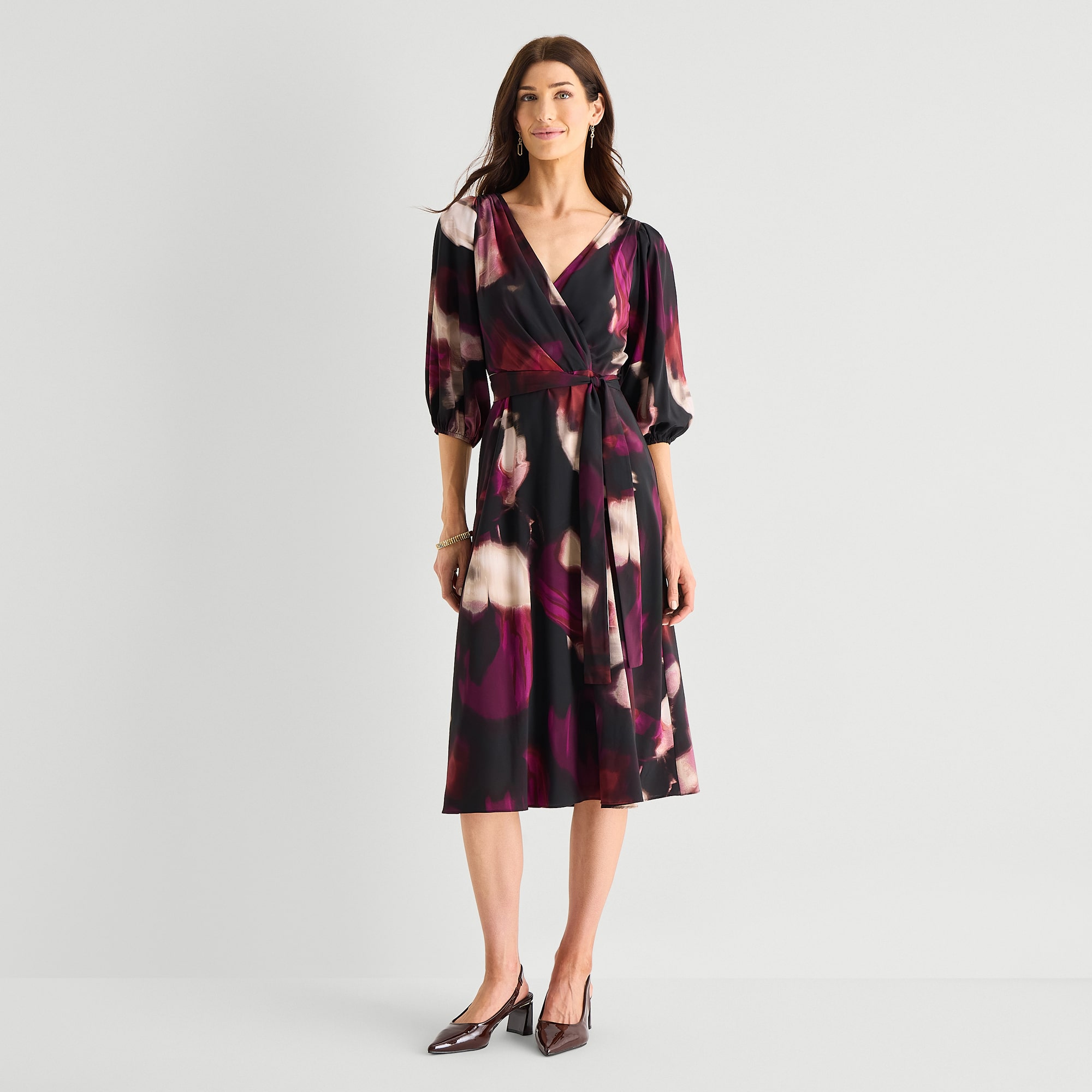 Marc New York Womens Midi V Neck 3/4 Sleeve Abstract Fit + Flare Dress