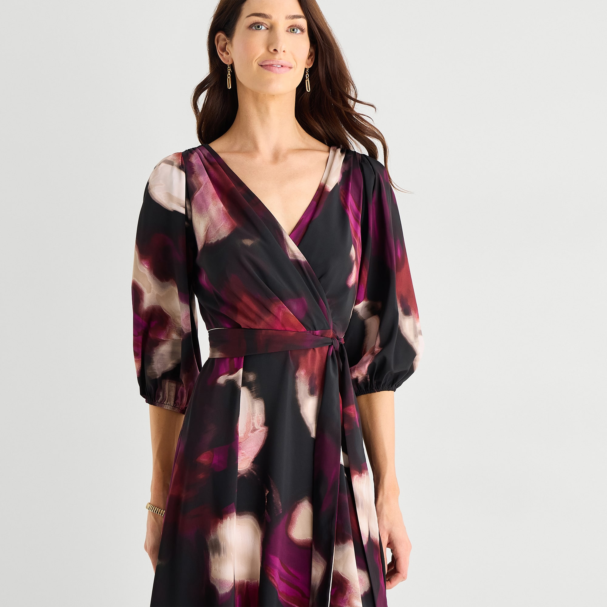 Marc New York Womens Midi V Neck 3/4 Sleeve Abstract Fit + Flare Dress