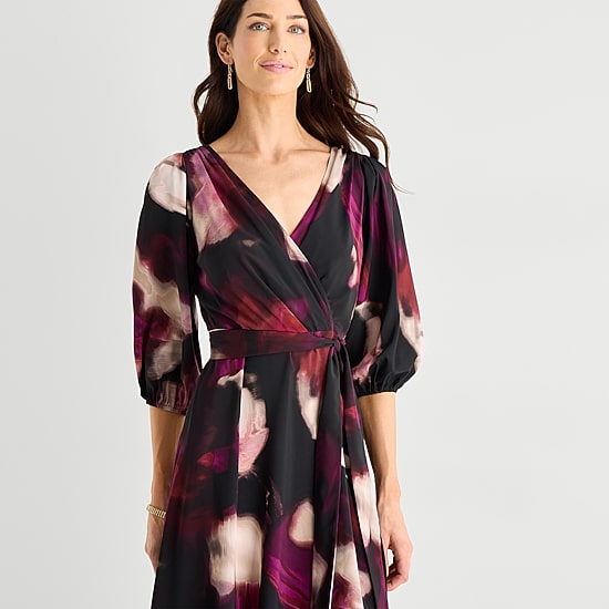 Marc New York Womens Midi V Neck 3/4 Sleeve Abstract Fit + Flare Dress
