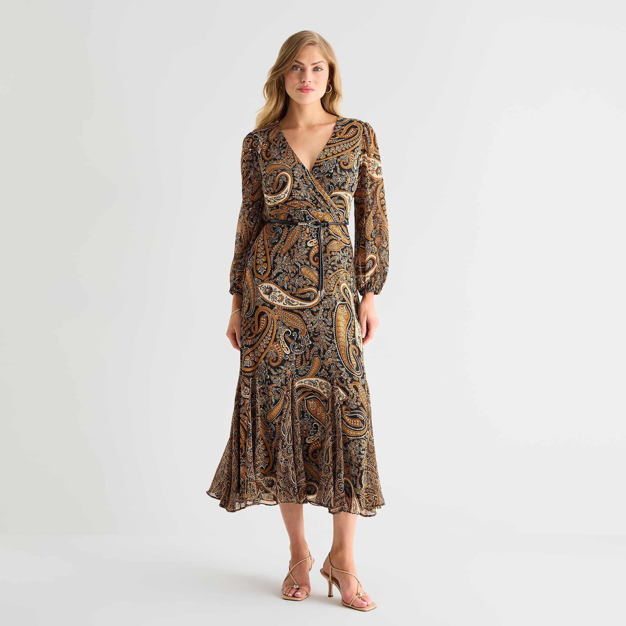 Sam And Jess Womens Midi V Neck 3/4 Sleeve Balloon Paisley Fit + Flare Dress