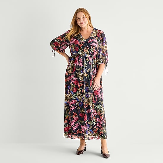 Brianna Milay Womens Plus V Neck Long Sleeve Floral Evening Gown