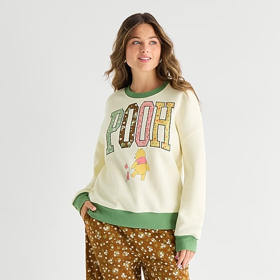 Pooh Crew Fleece Womens Juniors Crew Neck Long Sleeve Winnie The Pooh Sweatshirt