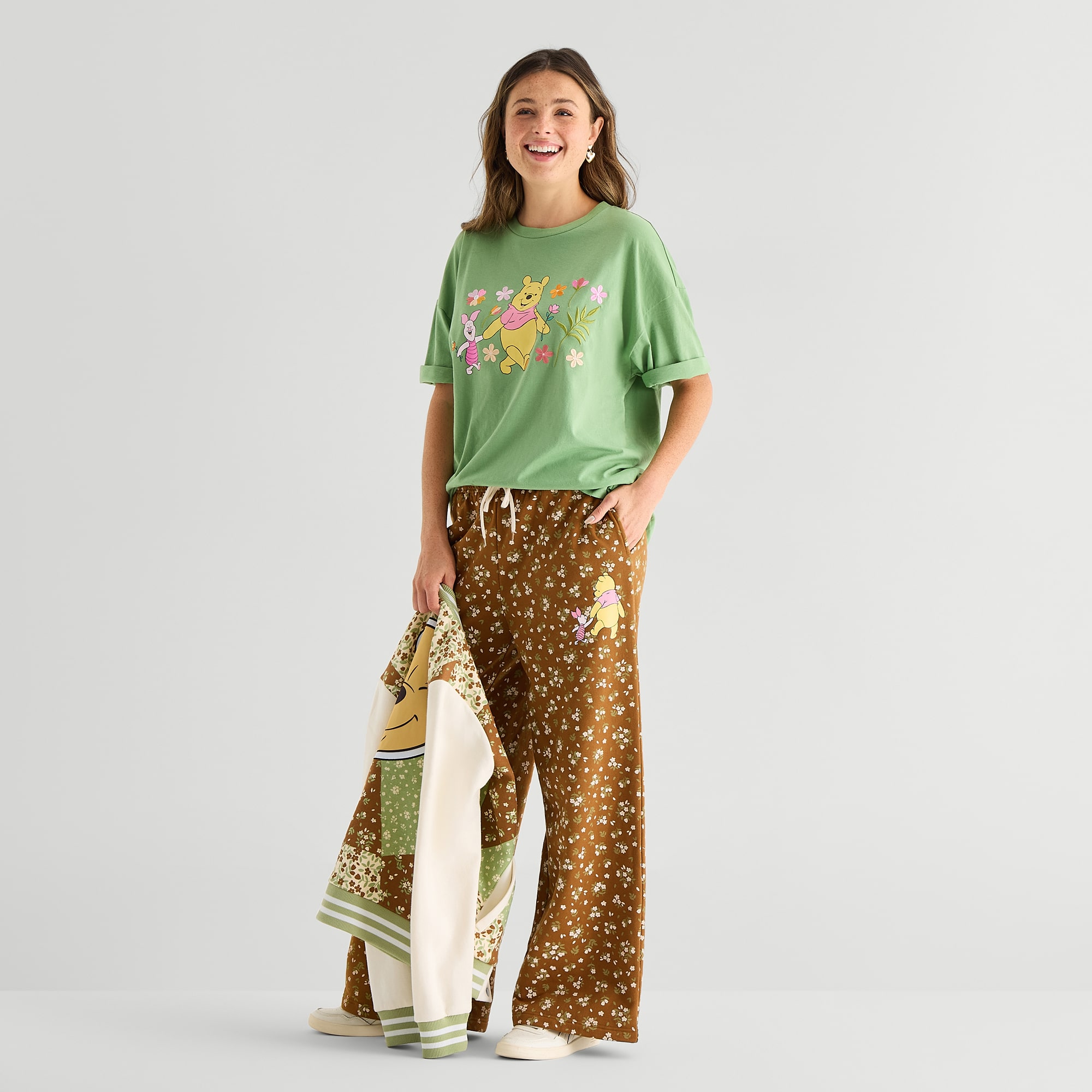 Pooh Aop Wide Leg Bottom Womens Juniors Mid Rise Winnie The Sweatpant