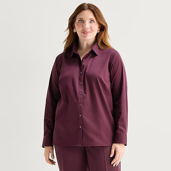 Liz Claiborne Womens Plus Cuffed Long Sleeve Regular Fit Wrinkle Free Button-Down Shirt