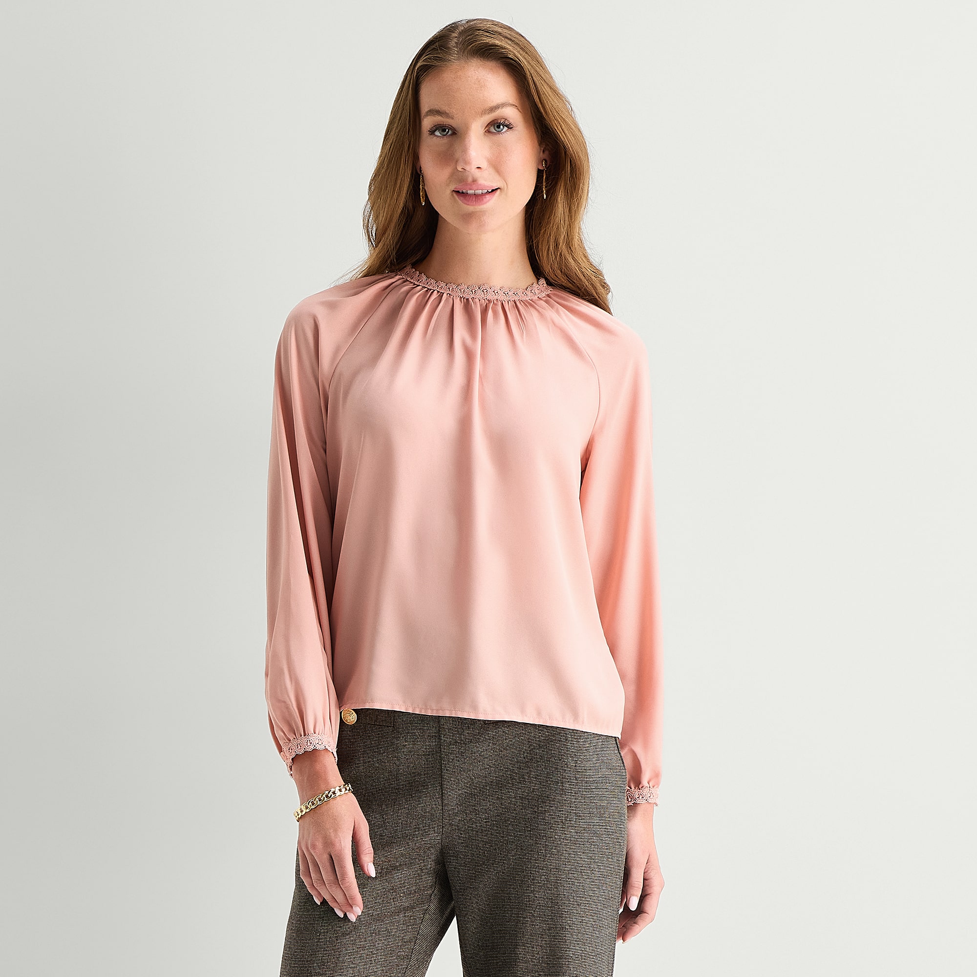 Liz Claiborne Lace Trim Womens Round Neck Long Sleeve Blouse