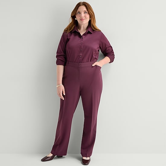 Liz Claiborne Womens Plus Cuffed Long Sleeve Regular Fit Wrinkle Free Button-Down Shirt