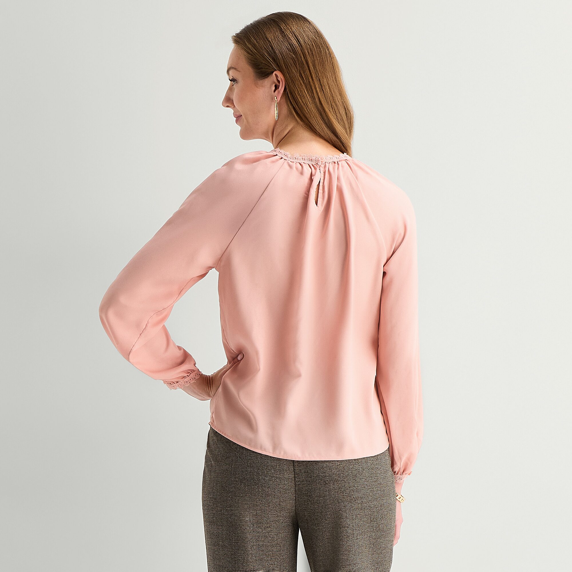 Liz Claiborne Lace Trim Womens Round Neck Long Sleeve Blouse
