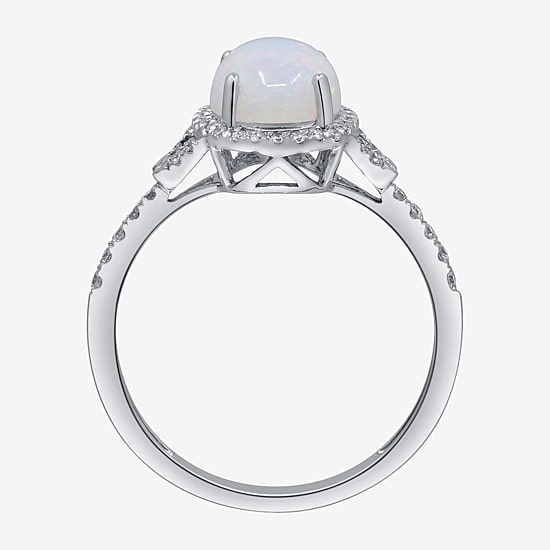 Limited Quantities! Womens 1/4 CT. T.W. Genuine White Opal 10K Gold Oval Halo Side Stone Cocktail Ring