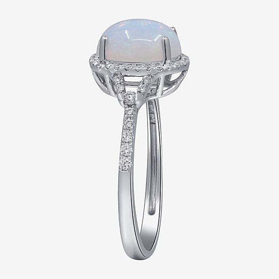 Limited Quantities! Womens 1/4 CT. T.W. Genuine White Opal 10K Gold Oval Halo Side Stone Cocktail Ring